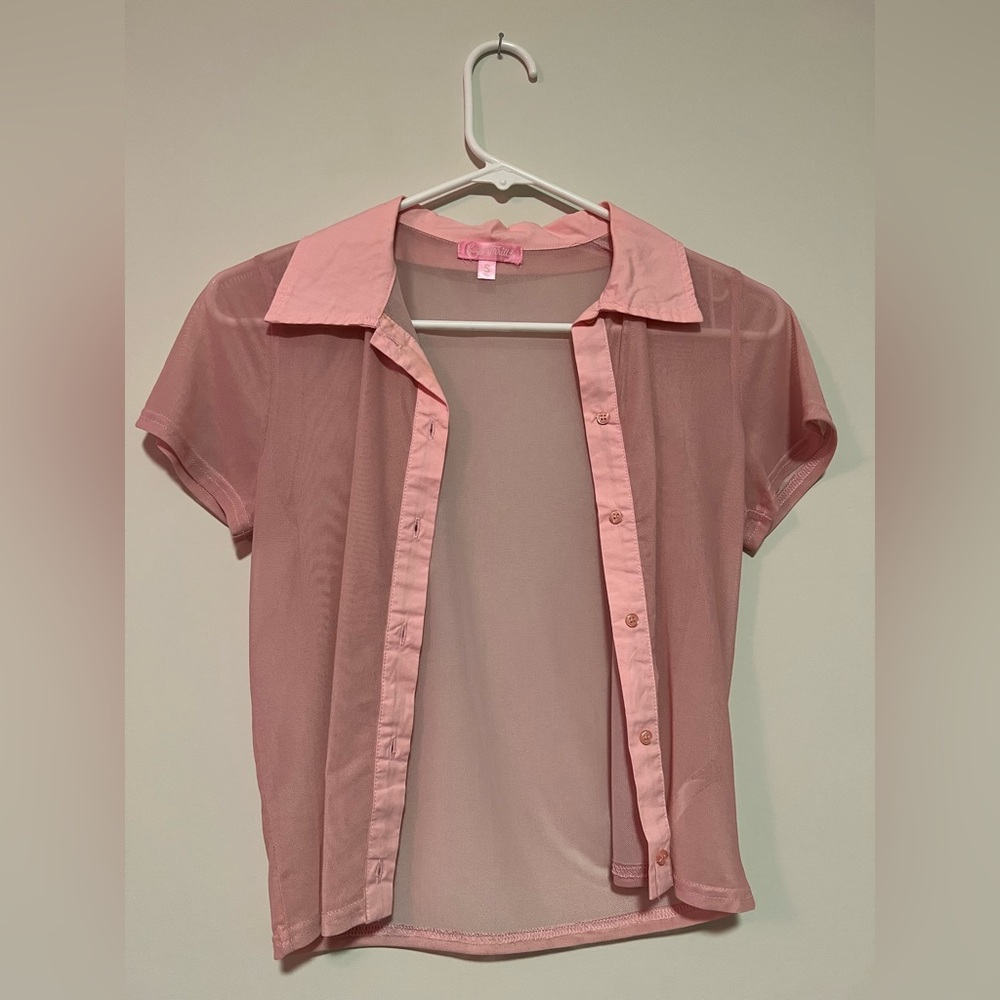Sugar Thrillz Pink Sheer Short Sleeve Button Front Top
